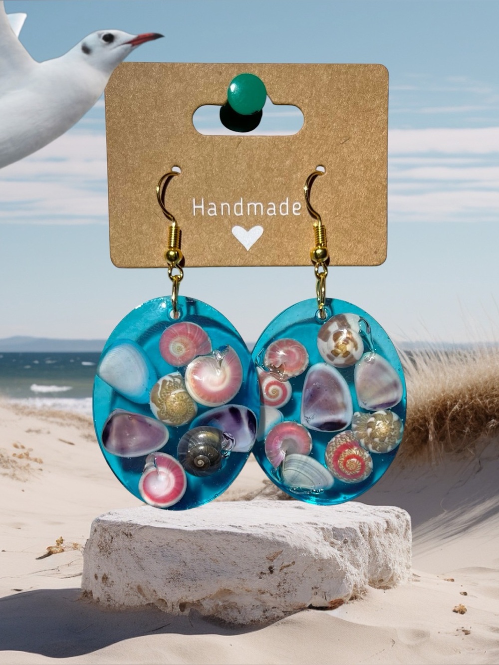 Handmade Teal Shell Resin Drop Earrings
